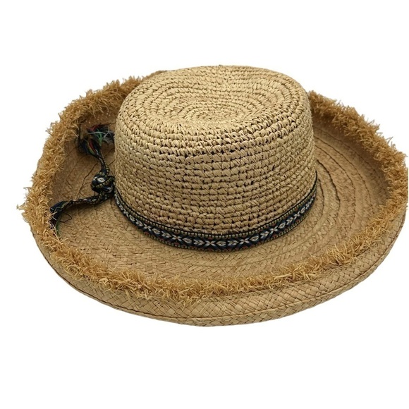 Scala Studio Boho Straw Hat Frayed Brim Woven Patterned Band Detail One Size - Picture 2 of 7